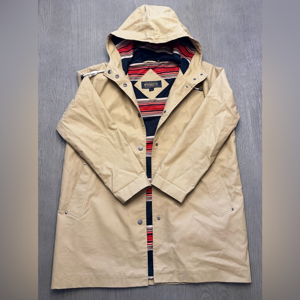 Pendleton Hooded Rain Jacket Southwestern Blanket Lining Tan Coat Size Large